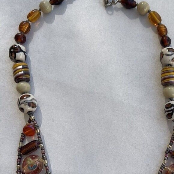 Vintage Amber & Glass Faceted Bead and Porcelain Flower Boho Necklace 21 inches - Picture 8 of 15